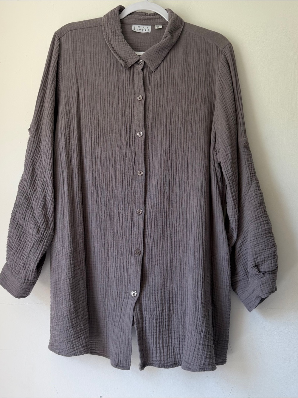 Joan Rivers XL Cotton Gauze Button Down Shirt Tunic in Mauve